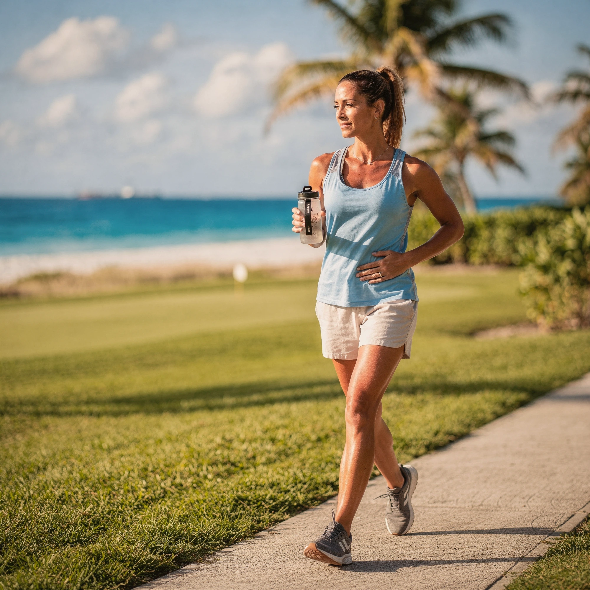 Woman jogging along a beachside path with palm trees and ocean in background